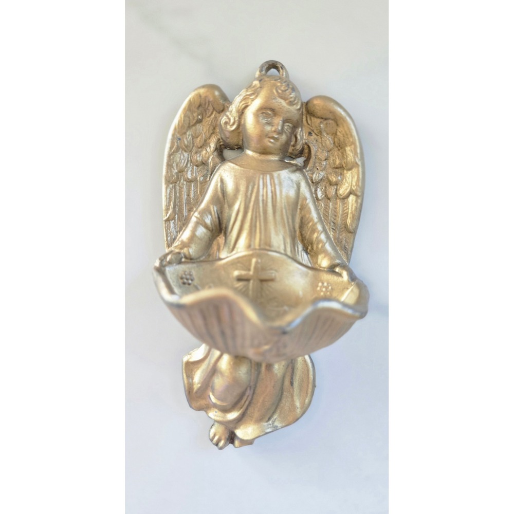 Vtg Brass Tone Cast Metal Angel Holy Water Font Wall Stoup Shell Cross Cherub